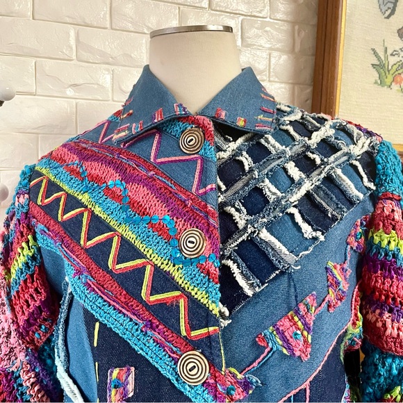 Vintage Sandy Starkman Crochet Sequin Patchwork Denim Jean Jacket - Picture 4 of 16